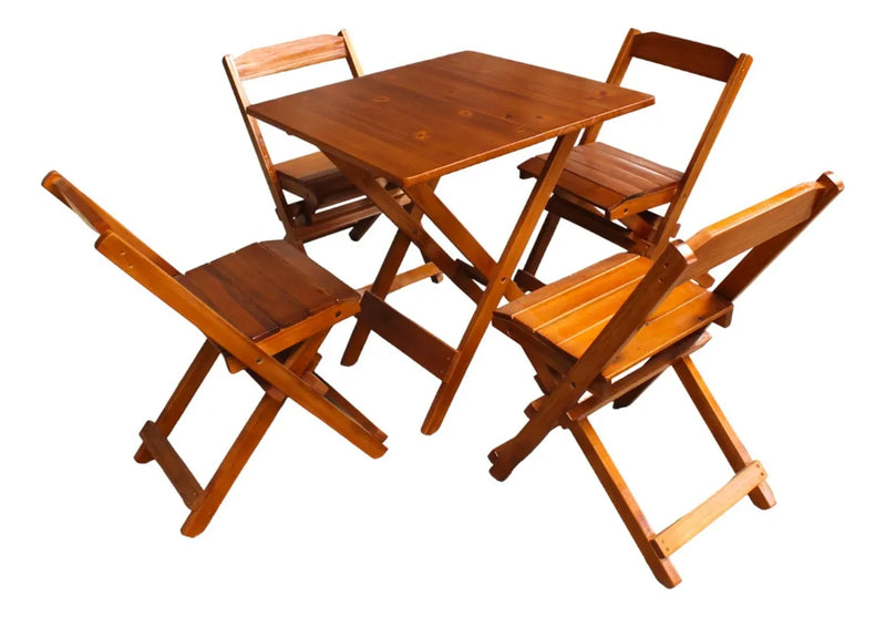 Conjunto Dobrável Mesa 70x70 Madeira Maciça, 4 Cadeiras - Cor: MEL