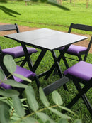 Conjunto Mesa Dobrável Madeira MAciça 70x70, 4 Cadeiras Estofadas - Cor: Preto/Roxo