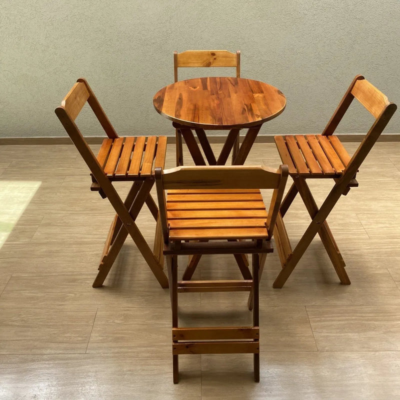 Conjunto Mesa Bistrô 90cm, 4 Banqueta Alta c/ Encosto Em Madeira Maciça - MEL