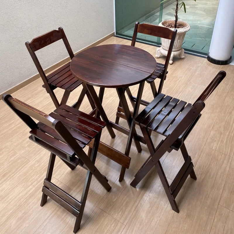 Conjunto Mesa Bistrô 90cm, 4 Banqueta Alta Bar Encosto Em Madeira - IMBUIA