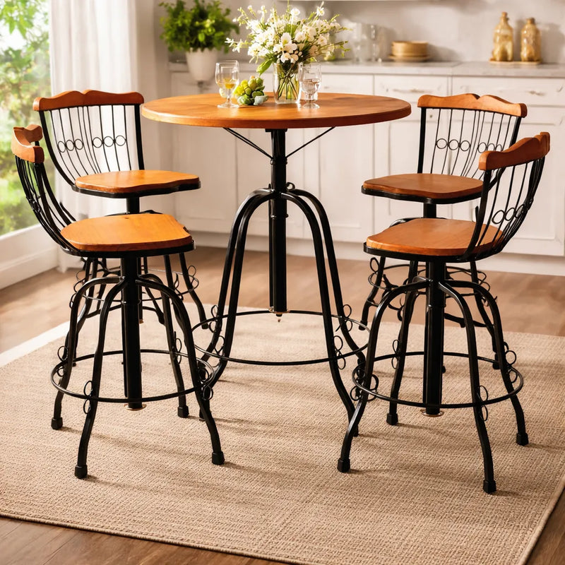 Conjunto Bistrô Redondo Ferro Mesa Tampo 70 Cm, 4 Banquetas Ferro E Madeira - Cor: Madeira Claro