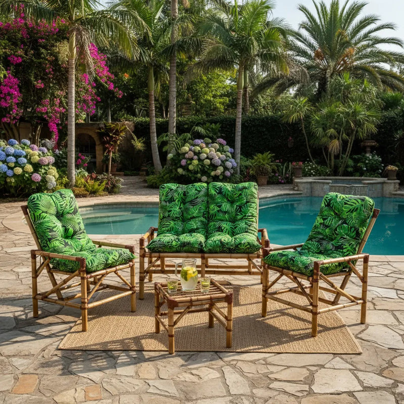 Conjunto Namoradeira, 2 Cadeiras Completo Folhas VERDE + 1 Mesa Centro + 4 Almofadas