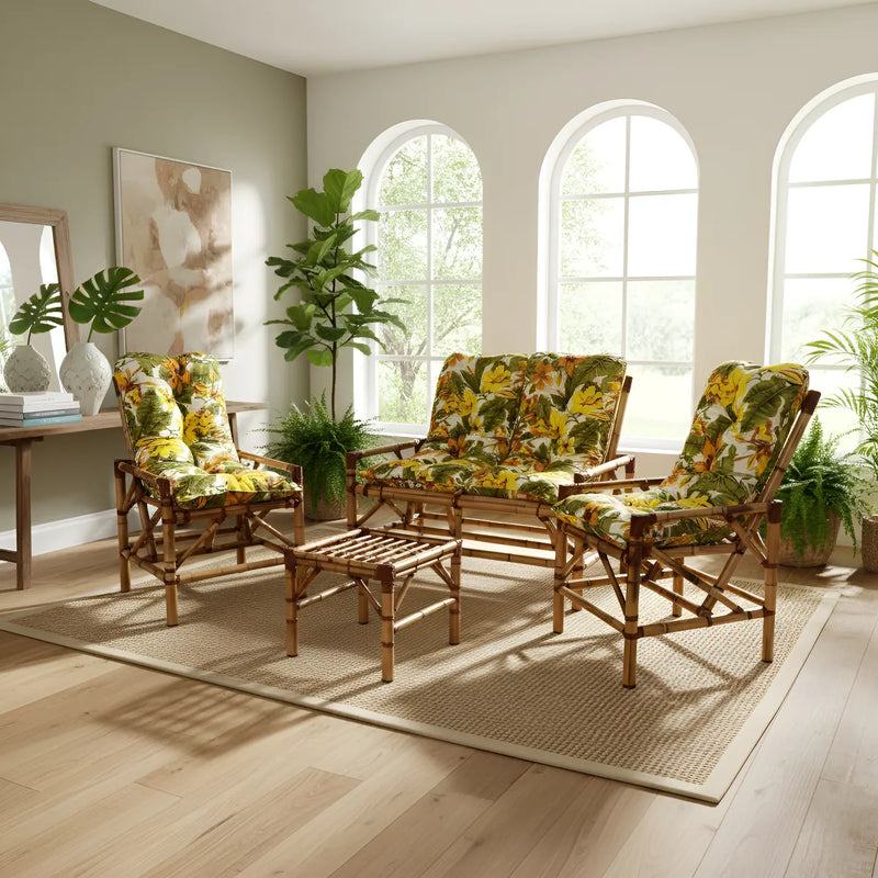 Conjunto Namoradeira, 2 Cadeiras Completo Lírio Amarelo + Mesa de centro + 4 Almofadas