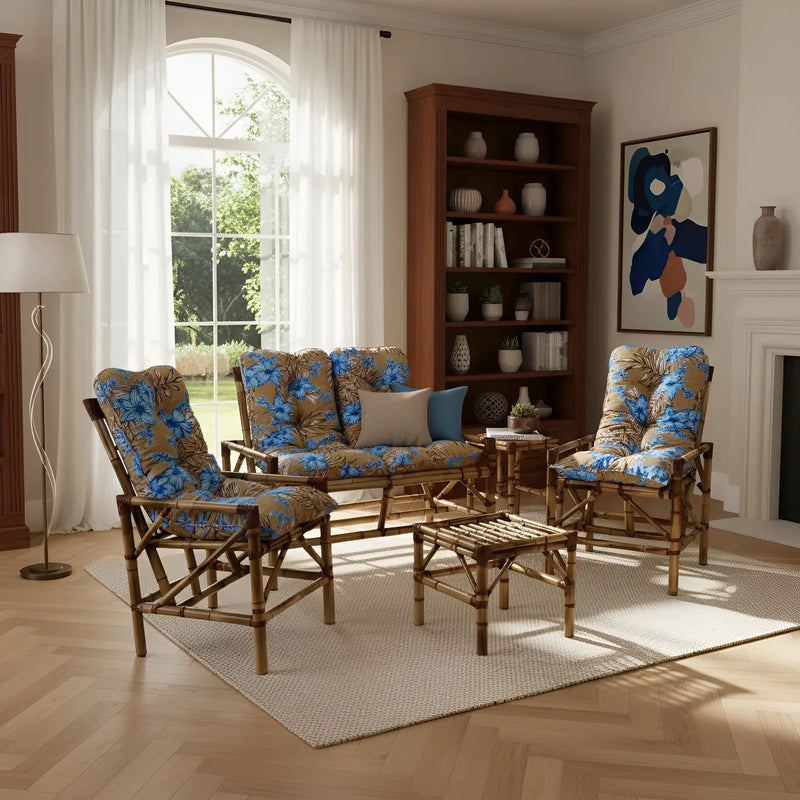 Conjunto Namoradeira, 2 Cadeiras Completo Orquídea AZUL + 1 Mesa Centro + 4 Almofadas